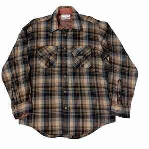 VTG Terramar Wool Plaid Button Up Shirt Mens Large Outdoors Hunting 80s Brown